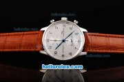 IWC Portuguese Swiss Valjoux 7750 Automatic Movement Steel Case with Silver Dial and Blue Numeral Markers-Brown Leather Strap