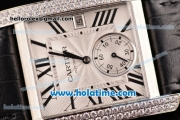 Cartier Tank MC Miyota 8245 Automatic Steel Case with Black Leather Strap White Dial and Diamond Bezel