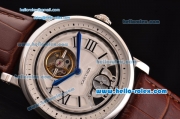 Cartier Rotonde De Tourbillon Asia 6497 Manual Winding Steel Case with White Dial and Brown Leather Strap