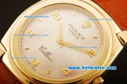 Rolex Cellini Swiss Quartz Yellow Gold Case with Pink MOP Dial and Brown Leather Strap-Numeral Markers