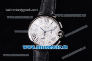 Cartier Ballon Bleu Chrono Swiss Valjoux 7750 Automatic Steel Case with White Dial Roman Numeral Markers and Black Leather Strap (KW)