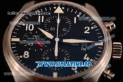IWC Pilot's Watch Chrono Swiss Valjoux 7750 Automatic Steel Case with White Arabic Numeral Markers Black Leather Strap and Black Dial