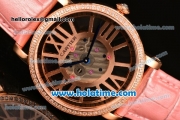 Cartier Rotonde De Swiss Quartz Rose Gold Case with Diamonds Bezel Skeleton Dial and Pink Leather Strap