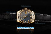 Rolex Datejust Swiss ETA 2836 Automatic Movement Black Dial with Black Diamond Bezel-Black Leather Strap