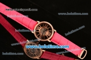 Cartier Rotonde De Swiss Quartz Rose Gold Case with Diamonds Bezel Skeleton Dial and Hot Pink Leather Strap