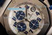 Audemars Piguet Royal Oak Offshore Navy Swiss Valjoux 7750 Automatic Movement Steel Case with Blue Subdials and Blue Leather Strap with White Stitching-Run 12@sec