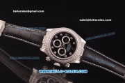 Rolex Daytona Oyster Perpetual Date Asia 3836 Automatic White with Diamond Case,Black Dial and Diamond Marking-Leather Strap