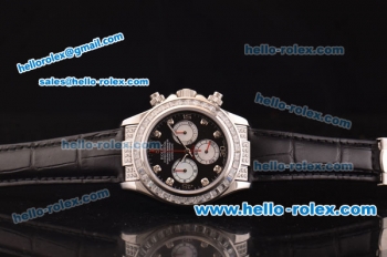 Rolex Daytona Swiss Valjoux 7750-SHG Automatic Diamond Case/Bezel - Black Dial and Black Leather Strap