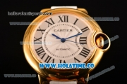 Cartier Ballon Bleu De Medium Asia 4813 Automatic Yellow Gold Case with Silver Dial and Rose Red Leather Strap - Roman Numeral Markers (GF)