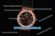 Hublot Classic Fusion Skeleton Tourbillon Asia ST28 Automatic Rose Gold Case with Skeleton Dial and Black Leather Strap Stick Markers