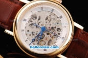 Breguet Skeleton Automatic Movement Rose Gold Case with White Dial and Black Rome Numeral Marker-Brown Leather Strap