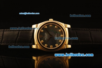 Rolex Cellini Swiss Quartz Yellow Gold Case with Black MOP Dial and Black Leather Strap-Diamond Markers