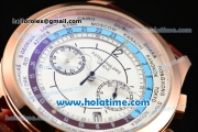 Patek Philippe Complicated World Time Chrono Miyota Quartz Rose Gold Case with Brown Leather Strap and White Dial