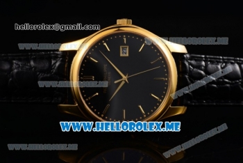 Patek Philippe Calatrava Miyota Quartz Yellow Gold Case with Black Dial and Black Leather Strap Stick Markers