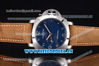 Panerai Luminor 1950 3 Days GMT Asia ST25 Automatic Steel Case with Blue Dial Arabic Numeral Markers and Brown Leather Strap