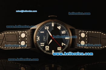 IWC Pilot Swiss Quartz PVD Case with Black Dial and Black Leather Strap-Red Second Hands