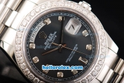 Rolex Day Date II Automatic Movement Full Steel with Diamond Bezel-Diamond Markers and Black MOP Dial