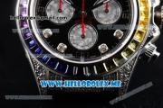 Rolex Daytona Rainbow Swiss Valjoux 7750 Automatic Steel Case with Black Dial and Black Leather Strap Diamonds Markers (GF)