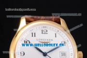 Longines Master Date Swiss ETA 2824 Automatic Yellow Gold Case with White Dial Arabic Numeral Markers and Brown Leather Strap