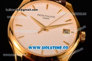 Patek Philippe Calatrava Miyota 9015 Automatic Yellow Gold Case with White Dial and Brown Leather Strap - Stick Markers