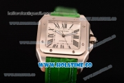 Cartier Santos 100 Large Asia Automatic Steel Case with Green Leather Strap Black Roman Numeral Markers and White Dial