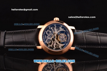 Audemars Piguet Jules Audemars Swiss Tourbillon Manual Winding Movement Rose Gold Case with Black Leather Strap and Skeleton Dial