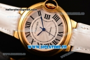 Cartier Ballon Bleu De Medium Asia 4813 Automatic Yellow Gold Case with Silver Dial and Rose Red Leather Strap - Roman Numeral Markers (GF)