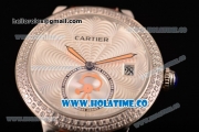 Cartier Rotonde De Swiss Quartz Steel Case with White Guilloche Dial Diamonds Bezel and Brown Leather Strap