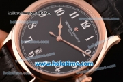 Vacheron Constantin Historiques Chronometre Royal 1907 Miyota Quartz Rose Gold Case with Black Leather Strap Arabic Numeral Markers and Black Dial