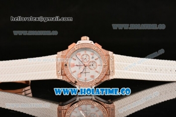 Hublot Big Bang Chrono Miyota OS20 Quartz Rose Gold Case with White Dial Arabic Numeral/Stick Markers and Diamonds Bezel