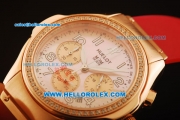 Hublot MDM Chronograph Swiss ETA Quartz Rose Gold Case with Diamond Bezel and Pink MOP Dial-Red Rubber Strap
