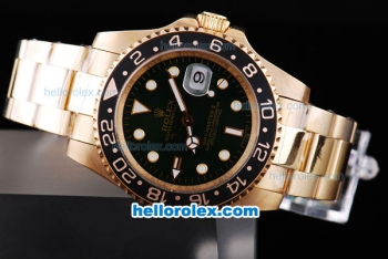 Rolex GMT-Master II Oyster Perpetual Automatic Full Gold with Black Bezel,Green Dial and White Round Bearl Marking-Small Calendar