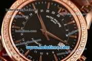 Patek Philippe Calatrava Swiss ETA 2824 Automatic Rose Gold Case with Black Dial Diamonds Bezel and Stick Markers