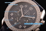Omega Speedmaster Chrono Swiss Quartz Steel Case Diamond Bezel with Blue Leather Strap and Black Dial Numeral Markers