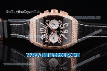 Franck Muller Vanguard Miyota OS20 Quartz Rose Gold Case with Black Dial Black Leather Strap and White Subdials Diamonds Bezel