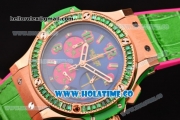 Hublot Big Bang Tutti Frutti 38MM Chrono Miyota OS20 Quartz Rose Gold Case with Blue Dial Stick/Numeral Markers and Green Diamonds Bezel