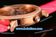 Cartier Rotonde De Swiss Quartz Rose Gold Case with Diamonds Bezel Skeleton Dial and Hot Pink Leather Strap