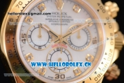 Rolex Cosmograph Daytona Clone Rolex 4130 Automatic Yellow Gold Case with White Dial Diamonds Markers and Black Leather Strap (EF)