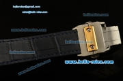 Cartier Santos 100 Medium Swiss Quartz Steel Case Gold Bezel with Black Leather Strap White Dial Roman Markers