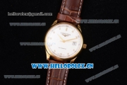 Longines Master Date Swiss ETA 2824 Automatic Yellow Gold Case with White Dial Diamonds Markers and Brown Leather Strap