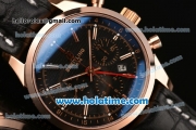 Breitling Transocean Chronograph GMT Swiss Valjoux 7750 Automatic Rose Gold Case with Black Leather Bracelet Stick Markers and Black Dial