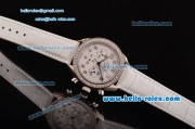 Omega Speedmaster Chrono Swiss Quartz Steel Case Diamond Bezel with White Leather Strap and White Dial Numeral Markers