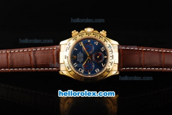 Rolex Daytona Swiss Valjoux 7750 Automatic Movement Gold Case with Blue Dial-Gold Numeral Markers and Brown Leather Strap