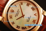 Rolex Cellini Swiss Quartz Rose Gold Case with White MOP Dial and Brown Leather Strap-Roman Markers