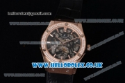 Hublot Classic Fusion Skeleton Asia Automatic Rose Gold Case with Skeleton Dial Diamonds Bezel and Black Leather Strap