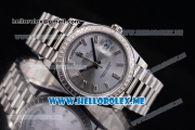 Rolex Day-Date Swiss ETA 2836 Automatic Stainless Steel Case/Bracelet with Silver Dial and Stick Markers Diamonds Bezel (BP)