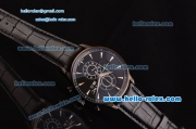 IWC Portuguese Chrono Japanese Miyota OS10 Quartz PVD Case with Black Leather Strap and Black Dial Stick Markers