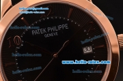 Patek Philippe Calatrava Swiss ETA 2824 Automatic Rose Gold Case with Black Leather Strap Black Dial Numeral/Stick Markers