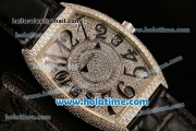 Franck Muller Cintree Curvex Ronda 762 Quartz Steel/Diamond Case with Diamond Dial and Black Leather Strap