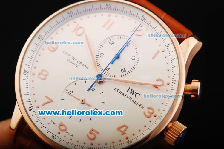 IWC Portuguese Chronograph Quartz Movement Rose Gold Case with White Dial and Rose Gold Arabic Numeral Markers - Click Image to Close
